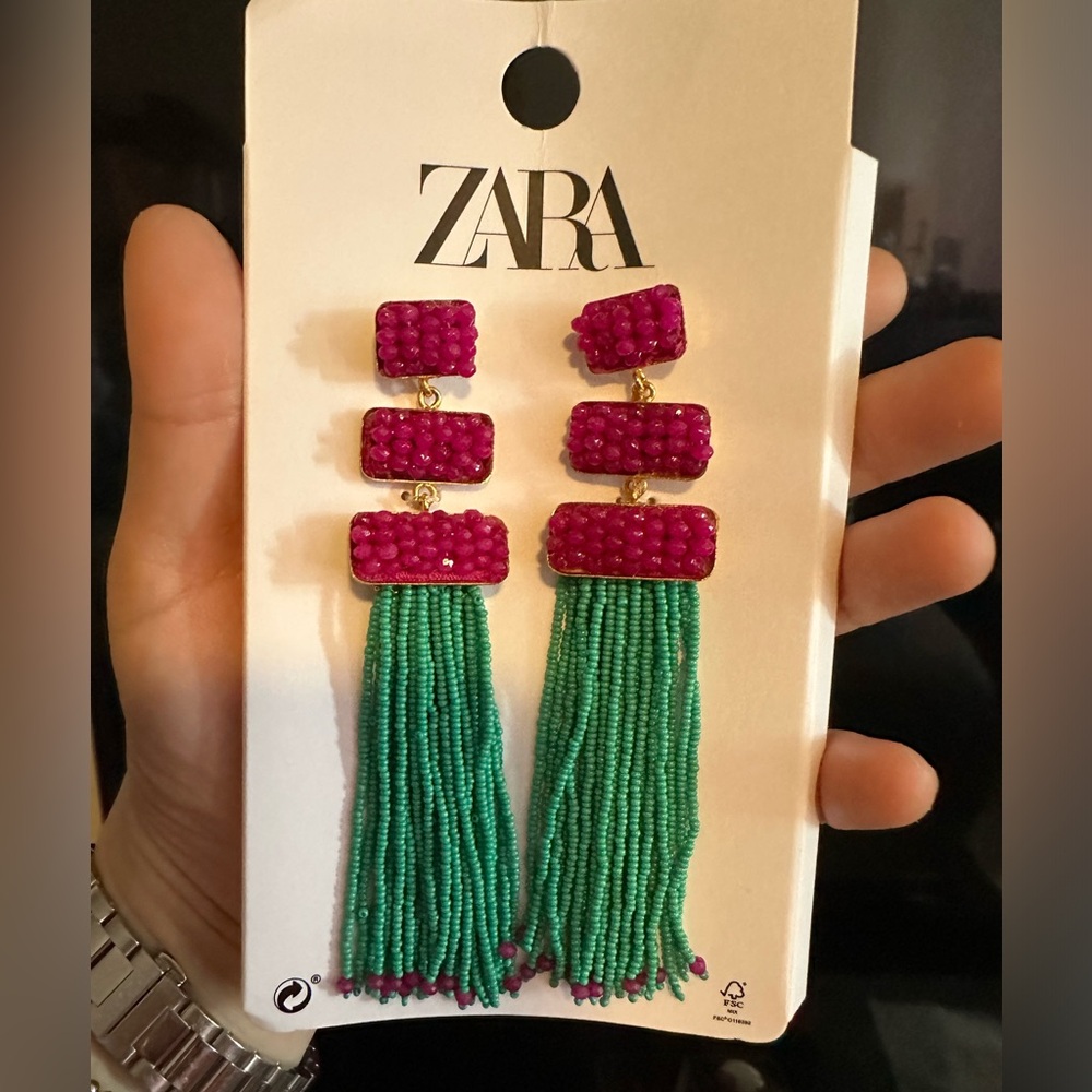 🌸 ZARA Pink Green Beaded Tassel Drop Earrings